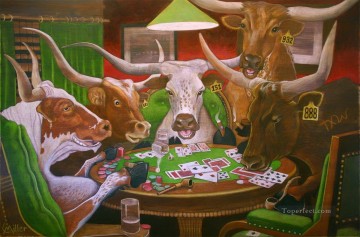 牛 雄牛 Painting - ポーカーをするロングホーン牛